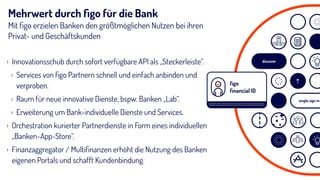 Mehrwert durch ﬁgo für die Bank
Mit ﬁgo erzielen Banken den größtmöglichen Nutzen bei ihren
Privat- und Geschäftskunden
› Innovationsschub durch sofort verfügbare API als „Steckerleiste“.
› Services von ﬁgo Partnern schnell und einfach anbinden und
verproben.
› Raum für neue innovative Dienste, bspw. Banken „Lab“.
› Erweiterung um Bank-individuelle Dienste und Services.
› Orchestration kurierter Partnerdienste in Form eines individuellen
„Banken-App-Store“.
› Finanzaggregator / Multiﬁnanzen erhöht die Nutzung des Banken
eigenen Portals und schafft Kundenbindung.
010010101001010100101010010101010101010100100101010010101001010
001001010100010101010101001010101001010010010101001010100101010
ﬁgo
ﬁnancial ID
single sign in
discover
 