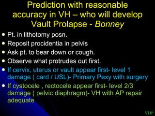 Prediction with reasonable accuracy in VH – who will develop Vault Prolapse -  Bonney Pt. in lithotomy posn.  Reposit procidentia in pelvis Ask pt. to bear down or cough. Observe what protrudes out first. If cervix, uterus or vault appear first- level 1 damage ( card / USL)- Primary Pexy with surgery If cystocele , rectocele appear first- level 2/3 damage ( pelvic diaphragm)- VH with AP repair adequate  VDP 