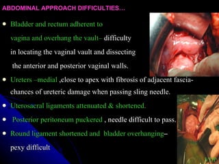 ABDOMINAL APPROACH DIFFICULTIES… Bladder and rectum adherent to  vagina and overhang the vault–  difficulty  in locating the vaginal vault and dissecting   the anterior and posterior vaginal walls.  Ureters –medial  ,close to apex with fibrosis of adjacent fascia-chances of ureteric damage when passing sling needle. Uterosacral ligaments attenuated & shortened. Posterior peritoneum puckered  , needle difficult to pass. Round ligament shortened and  bladder overhanging –  pexy difficult VDP 
