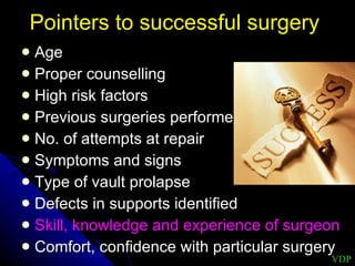 Pointers to successful surgery Age Proper counselling High risk factors  Previous surgeries performed No. of attempts at repair Symptoms and signs Type of vault prolapse Defects in supports identified Skill, knowledge and experience of surgeon Comfort, confidence with particular surgery VDP 