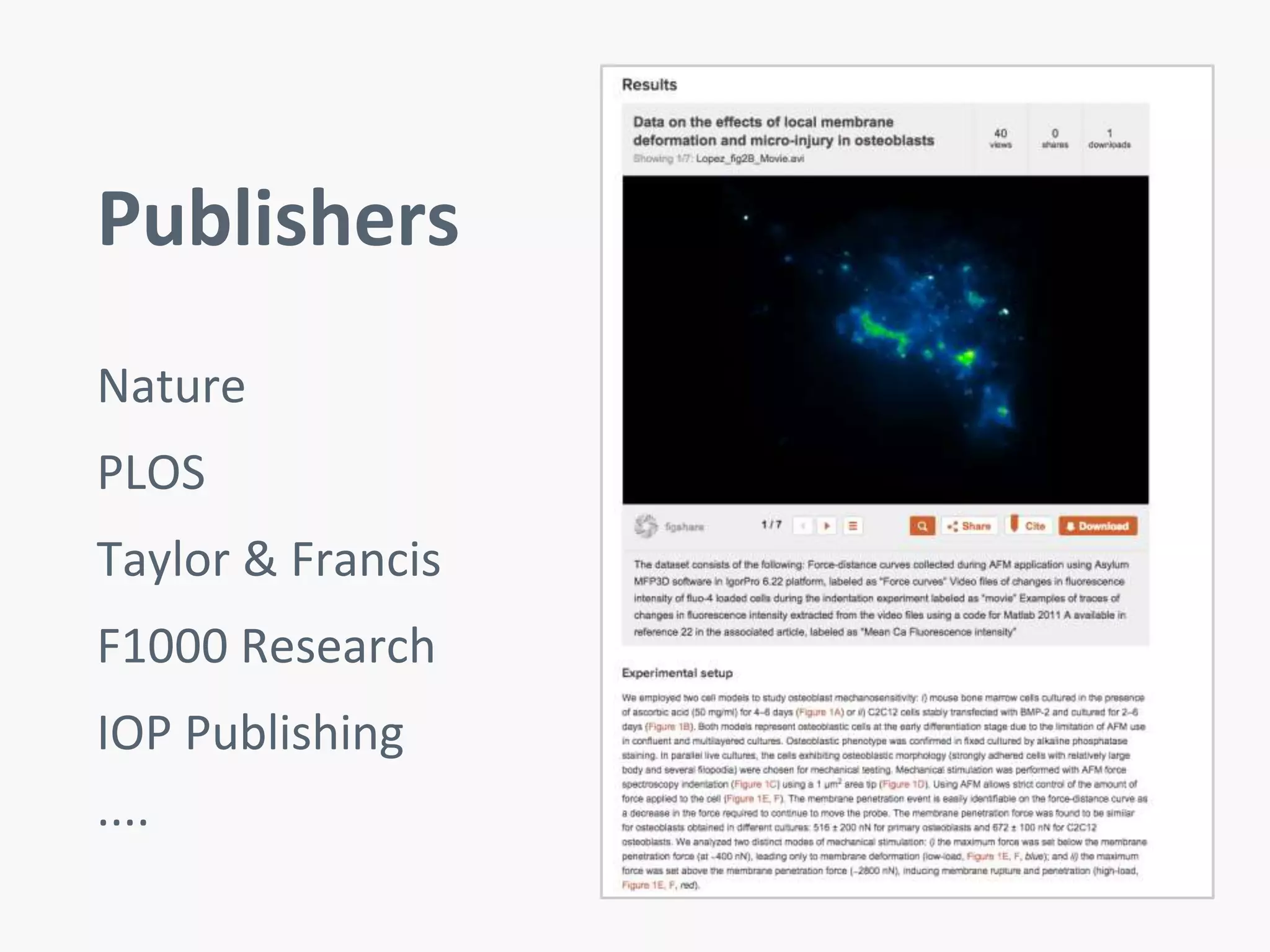 Publishers 
Nature 
PLOS 
Taylor & Francis 
F1000 Research 
IOP Publishing 
.... 
 