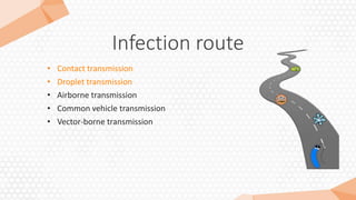 Infection route
• Contact transmission
• Droplet transmission
• Airborne transmission
• Common vehicle transmission
• Vector-borne transmission
 