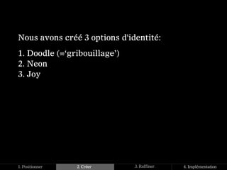 Nous avons créé 3 options d'identité:
1. Doodle (=‘gribouillage’)
2. Neon
3. Joy




1. Positionner   2. Créer     3. Raffiner   4. Implémentation
 