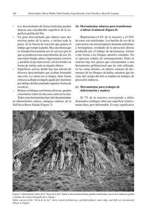 Alfons Fíguls, Olivier Weller, Fidel Grandia, Jorge Bonache, Joan González y Rosa M. Lanaspa184
–	 Los desconchados de forma lenticular pueden
abarcar una considerable superficie de la su-
perficie pulida del filo.
–	 Un gran desconchado que abarca unas dos
terceras partes de la pieza, o incluso toda la
pieza. Es la fuerza de reacción que genera el
trabajo que rompe la piedra. Hay una fuerza que
es frenada bruscamente por la sal-roca por lo
que se producen estas macrohuellas de uso. Es
una rotura limpia, plana o ligeramente convexa
y paralela al eje transversal, con los bordes en
forma de media caña en ángulo obtuso.
–	 Superficies activas donde hay una adición de
diversos desconchados que acaban formando
uno solo. La rotura no es limpia, tiene forma
cóncava acabada en ángulo agudo por insertarse
por debajo del desconchado superior (forma de
escalera).
–	 Roturas en bloque con formas diversas, pueden
concentrase tanto en una cara como en la otra.
Todas estas herramientas han sido documentadas
en afloramientos salinos, antiguas canteras, de la
Vall Seca-Riera Salada (Figura 7).
(b)	 Herramientas mineras para transformar
	 o labrar el mineral (Figura 8)
Representan el 6% de la muestra y el 50%
de estas son reutilizadas. Las huellas de uso de la
zona activa son microrrupturas bastante uniformes
y homogéneas, resultado de la percusión directa
producida por el trabajo de desmenuzar, triturar
o dar forma a los bloques amorfos extraídos. No
se aprecian señales de enmangamiento. Entre la
muestra hay tres piezas que corresponden a una
herramienta polifuncional que ha sido utilizada,
en las zonas distales, en labores mineras de des-
menuce de los bloques de halita, mientras que las
caras del cuerpo del útil se empleó en trabajos de
percusión indirecta.
(c)	 Herramientas para trabajos de
	 deforestación y madera
El 7% de la muestra corresponde a útiles
destinados a trabajar sobre una superficie relativa-
mente dura, pero deformable. Es muy significativo
Figura 7.Afloramiento salino de la “Serra de la Sal” donde se documentan hachas pulidas reutilizadas, lascas de la industria pulida
y molinos de vaivén (fotografía de A. Fíguls).
Saline outcrop of the “Serra de la Sal” where reused polished axes, polished industry stone chips, and mills are documented
(Photo A. Fíguls).
 