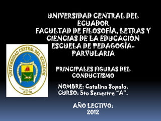 UNIVERSIDAD CENTRAL DEL
           ECUADOR
FACULTAD DE FILOSOFÌA, LETRAS Y
   CIENCIAS DE LA EDUCACIÒN
    ESCUELA DE PEDAGOGÌA-
         PARVULARIA

     PRINCIPALES FIGURAS DEL
          CONDUCTISMO

      NOMBRE: Catalina Sopalo.
      CURSO: 5to Semestre “A”.

           AÑO LECTIVO:
               2012
 