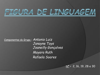 Componentes do Grupo : Antonio Luiz
Janayne Tays
Joaneilly Gonçalves
Mayara Ruth
Rafaela Soares
Nª = 2, 16, 19, 28 e 30
 