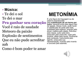 METONÍMIA
É uma figura de linguagem ou de
palavra caracterizada
pela substituição de um termo por
outro, havendo entre eles algum tipo
de ligação. Desse modo, pode haver
a substituição de parte pelo todo,
qualidade pela espécie, singular pelo
plural, matéria pelo objeto, indivíduo
pela classe, autor pela obra,
possuidor pelo possuído, lugar pelo
produto, efeito pela causa, continente
pelo conteúdo, instrumento pelo
agente, coisa pela sua
representação, inventor pelo invento
e concreto pelo abstrato.
• Música:
• Te dei o sol
Te dei o mar
Pra ganhar seu coração
Você é raio de saudade
Meteoro da paixão
Explosão de sentimentos
Que eu não pude acreditar
aah
Como é bom poder te amar
 