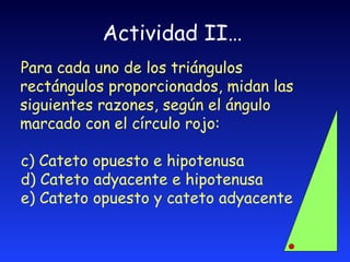 Actividad II… Para cada uno de los triángulos rectángulos proporcionados, midan las siguientes razones, según el ángulo marcado con el círculo rojo: Cateto opuesto e hipotenusa Cateto adyacente e hipotenusa Cateto opuesto y cateto adyacente 