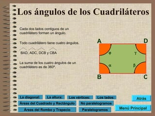 Los ángulos de los Cuadriláteros Cada dos lados contiguos de un cuadrilátero forman un ángulo. Todo cuadrilátero tiene cuatro ángulos. BAD, ADC, DCB y CBA  La suma de los cuatro ángulos de un cuadrilátero es de 360º. A B C    D  Menú Principal Atrás Paralelogramos No paralelogramos Áreas del Cuadrado y Rectángulo Los lados: Los vértices: La altura: La diagonal: Áreas del Rombo y Trapecio 