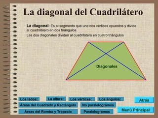 La diagonal del Cuadrilátero   La diagonal :  Es el segmento que une dos vértices opuestos y divide al cuadrilátero en dos triángulos. Las dos diagonales dividen al cuadrilátero en cuatro triángulos Diagonales Menú Principal Atrás Paralelogramos No paralelogramos Áreas del Cuadrado y Rectángulo Los lados: Los vértices: Los ángulos: La altura: Áreas del Rombo y Trapecio 