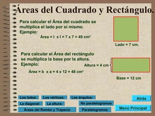 Áreas del Cuadrado y Rectángulo. Para calcular el Área del cuadrado se multiplica el lado por sí mismo. Ejemplo: Base = 12 cm Lado = 7 cm. Área = l  x l = 7 x 7 = 49 cm 2 Para calcular el Área del rectángulo se multiplica la base por la altura. Ejemplo: Área = b  x a = 4 x 12 = 48 cm 2 Altura = 4 cm Menú Principal Atrás Paralelogramos No paralelogramos Los lados: Los vértices: Los ángulos: La altura: La diagonal: Áreas del Rombo y Trapecio 