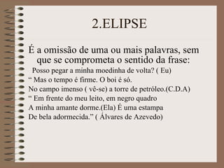 2.ELIPSE É a omissão de uma ou mais palavras, sem que se comprometa o sentido da frase: Posso pegar a minha moedinha de volta? ( Eu) “  Mas o tempo é firme. O boi é só. No campo imenso ( vê-se) a torre de petróleo.(C.D.A) “  Em frente do meu leito, em negro quadro A minha amante dorme.(Ela) É uma estampa De bela adormecida.” ( Álvares de Azevedo) 
