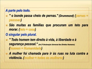 A parte pelo todo.
 " o bonde passa cheio de pernas." (Drummond) (pernas =
pessoas)
 São muitas as famílias que procuram um teto para
morar. (teto = casa)
O singular pelo plural.
 " Todo homem tem direito à vida, à liberdade e à
segurança pessoal.“ (Art.3º-Declaração Universal dos Direitos Humanos)
(homem = Humanidade)
 A mulher foi chamada para ir às ruas na luta contra a
violência. (mulher = todas as mulheres)
 