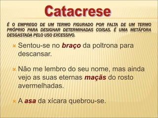É O EMPREGO DE UM TERMO FIGURADO POR FALTA DE UM TERMO
PRÓPRIO PARA DESIGNAR DETERMINADAS COISAS. É UMA METÁFORA
DESGASTADA PELO USO EXCESSIVO.
 Sentou-se no braço da poltrona para
descansar.
 Não me lembro do seu nome, mas ainda
vejo as suas eternas maçãs do rosto
avermelhadas.
 A asa da xícara quebrou-se.
 