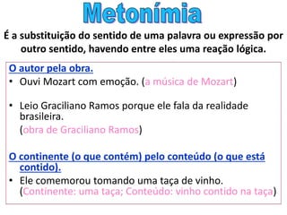 É a substituição do sentido de uma palavra ou expressão por
outro sentido, havendo entre eles uma reação lógica.
O autor pela obra.
• Ouvi Mozart com emoção. (a música de Mozart)
• Leio Graciliano Ramos porque ele fala da realidade
brasileira.
(obra de Graciliano Ramos)
O continente (o que contém) pelo conteúdo (o que está
contido).
• Ele comemorou tomando uma taça de vinho.
(Continente: uma taça; Conteúdo: vinho contido na taça)
 