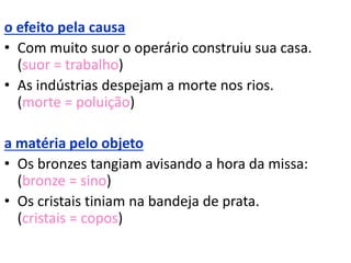 o efeito pela causa
• Com muito suor o operário construiu sua casa.
(suor = trabalho)
• As indústrias despejam a morte nos rios.
(morte = poluição)
a matéria pelo objeto
• Os bronzes tangiam avisando a hora da missa:
(bronze = sino)
• Os cristais tiniam na bandeja de prata.
(cristais = copos)
 