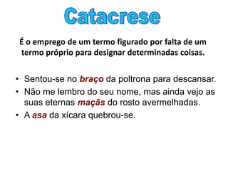 É o emprego de um termo figurado por falta de um
termo próprio para designar determinadas coisas.
• Sentou-se no braço da poltrona para descansar.
• Não me lembro do seu nome, mas ainda vejo as
suas eternas maçãs do rosto avermelhadas.
• A asa da xícara quebrou-se.
 