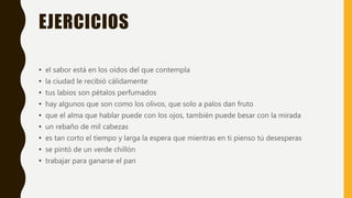 EJERCICIOS
• el sabor está en los oídos del que contempla
• la ciudad le recibió cálidamente
• tus labios son pétalos perfumados
• hay algunos que son como los olivos, que solo a palos dan fruto
• que el alma que hablar puede con los ojos, también puede besar con la mirada
• un rebaño de mil cabezas
• es tan corto el tiempo y larga la espera que mientras en ti pienso tú desesperas
• se pintó de un verde chillón
• trabajar para ganarse el pan
 