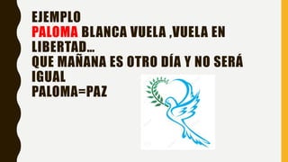EJEMPLO
PALOMA BLANCA VUELA ,VUELA EN
LIBERTAD…
QUE MAÑANA ES OTRO DÍA Y NO SERÁ
IGUAL
PALOMA=PAZ
 