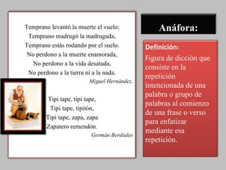 Anáfora: Temprano levantó la muerte el vuelo; Temprano madrugó la madrugada, Temprano estás rodando por el suelo. No perdono a la muerte enamorada, No perdono a la vida desatada, No perdono a la tierra ni a la nada. Miguel Hernández. Tipi tape, tipi tape, Tipi tape, tipitón, Tipi tape, zapa, zapa Zapatero remendón.   Germán Berdiales Definición: F igura de dicción que consiste en la repetición intencionada de una palabra o grupo de palabras al comienzo de una frase o verso para enfatizar mediante esa repetición. 