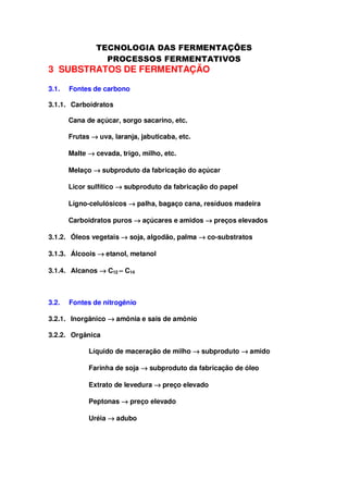 3 SUBSTRATOS DE FERMENTAÇÃO
3.1.

Fontes de carbono

3.1.1. Carboidratos
Cana de açúcar, sorgo sacarino, etc.
Frutas → uva, laranja, jabuticaba, etc.
Malte → cevada, trigo, milho, etc.
Melaço → subproduto da fabricação do açúcar
Licor sulfítico → subproduto da fabricação do papel
Lígno-celulósicos → palha, bagaço cana, resíduos madeira
Carboidratos puros → açúcares e amidos → preços elevados
3.1.2. Óleos vegetais → soja, algodão, palma → co-substratos
3.1.3. Álcoois → etanol, metanol
3.1.4. Alcanos → C12 – C14

3.2.

Fontes de nitrogênio

3.2.1. Inorgânico → amônia e sais de amônio
3.2.2. Orgânica
Líquido de maceração de milho → subproduto → amido
Farinha de soja → subproduto da fabricação de óleo
Extrato de levedura → preço elevado
Peptonas → preço elevado
Uréia → adubo

 