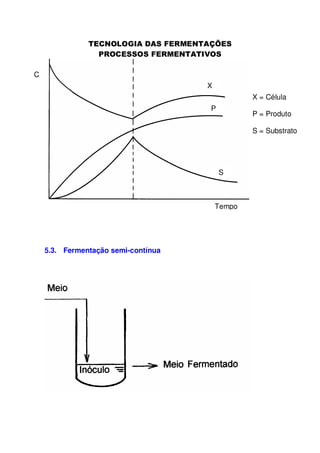 C
X
X = Célula
P

P = Produto
S = Substrato

S

Tempo

5.3. Fermentação semi-contínua

 