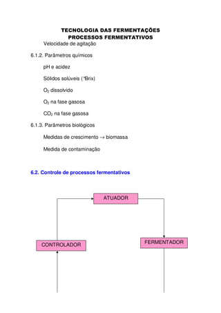 Velocidade de agitação
6.1.2. Parâmetros químicos
pH e acidez
Sólidos solúveis (°Brix)
O2 dissolvido
O2 na fase gasosa
CO2 na fase gasosa
6.1.3. Parâmetros biológicos
Medidas de crescimento → biomassa
Medida de contaminação

6.2. Controle de processos fermentativos

ATUADOR

CONTROLADOR

FERMENTADOR

 