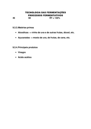 46

60

RT = 130%

9.3.3. Matérias primas
• Alcoólicas → vinho de uva e de outras frutas, álcool, etc.
• Açucaradas → mosto de uva, de frutas, de cana, etc.

9.3.4. Principais produtos
• Vinagre
• Ácido acético

 