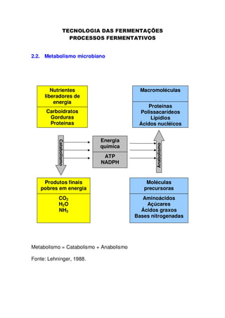 2.2. Metabolismo microbiano

Nutrientes
liberadores de
energia

Macromoléculas

Carboidratos
Gorduras
Proteinas

Catabolismo

Energia
química
ATP
NADPH

Anabolismo

celulares
Proteínas
Polissacarídeos
Lipídios
Ácidos nucléicos

Produtos finais
pobres em energia

Moléculas
precursoras

CO2
H2O
NH3

Aminoácidos
Açúcares
Ácidos graxos
Bases nitrogenadas

Metabolismo = Catabolismo + Anabolismo
Fonte: Lehninger, 1988.

 