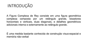 INTRODUÇÃO
A Figura Complexa de Rey consiste em uma figura geométrica
complexa composta por um retângulo grande, bissetores
horizontais e verticais, duas diagonais, e detalhes geométricos
adicionais interna e externamente ao retângulo grande.
É uma medida bastante conhecida de construção visuo-espacial e
memória não-verbal
 