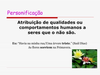 Personificação Atribuição de qualidades ou comportamentos humanos a seres que o não são.   Ex:  “Havia na minha rua/Uma árvore  triste .” (Saúl Dias)  As flores  sorriem  na Primavera.  