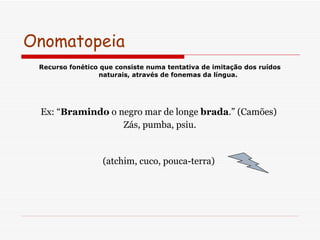 Onomatopeia Recurso fonético que consiste numa tentativa de imitação dos ruídos naturais, através de fonemas da língua. Ex: “ Bramindo  o negro mar de longe  brada .” (Camões)  Zás, pumba, psiu. (atchim, cuco, pouca-terra)  