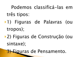 Podemos classificá-las em três tipos: 1) Figuras de Palavras (ou tropos); 2) Figuras de Construção (ou sintaxe); 3) Figuras de Pensamento. 