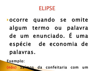 ocorre quando se omite algum termo ou palavra de um enunciado. É uma espécie  de economia de palavras. Exemplo:   (nós)  Saímos da confeitaria com um pedaço de felicidade. As mãos eram pequenas e os dedos, delicados.  