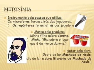 METONÍMIA
 Instrumento pela pessoa que utiliza:
• Os microfones foram atrás dos jogadores.
( = Os repórteres foram atrás dos jogadores.)
 Marca pelo produto:
• Minha filha adora danone.
( = Minha filha adora o iogurte
que é da marca danone.)
 Autor pela obra:
• Gosto de ler Machado de Assis.
( = Gosto de ler a obra literária de Machado de
Assis.)
 