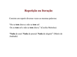 Repetição ou Iteração Consiste em repetir diversas vezes as mesmas palavras: “ Ou se  tem  chuva e não se  tem  sol Ou se  tem  sol e não se  tem  chuva.” (Cecília Meireles) “ Nada  de asas!  Nada  de poesia!  Nada  de alegria!” (Mario de Andrade) 