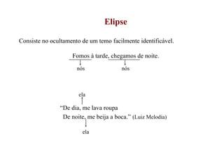 Elipse Consiste no ocultamento de um temo facilmente identificável. Fomos à tarde, chegamos de noite. “ De dia, me lava roupa De noite, me beija a boca.”   (Luiz Melodia) nós nós ela ela 