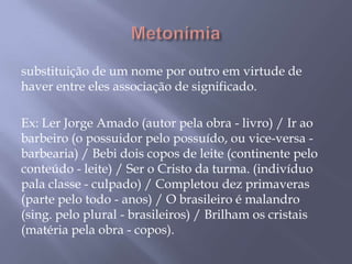  Metonímiasubstituição de um nome por outro em virtude de haver entre eles associação de significado. Ex: Ler Jorge Amado (autor pela obra - livro) / Ir ao barbeiro (o possuidor pelo possuído, ou vice-versa - barbearia) / Bebi dois copos de leite (continente pelo conteúdo - leite) / Ser o Cristo da turma. (indivíduo pala classe - culpado) / Completou dez primaveras (parte pelo todo - anos) / O brasileiro é malandro (sing. pelo plural - brasileiros) / Brilham os cristais (matéria pela obra - copos).
