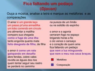 Ouça a música, analise a letra e marque as metáforas e as
comparações
O amor é um grande laço             na pureza de um limão
um passo pr'uma armadilha           ou na solidão do espinho
um lobo correndo em círculo
pra alimentar a matilha             o amor e a agonia
comparo sua chegada                 cerraram fogo no espaço
como a fuga de uma ilha             brigando horas a fio
tanto engorda quanto mata           o cio vence o cansaço
feito desgosto de filha, de filha   e o coração de quem ama
                                    fica faltando um pedaço
o amor é como um raio               que nem a lua minguando
galopando em desafio                que nem o meu nos seus braços.
abre fendas, cobre vales
revolta as águas dos rios                Metáfora
quem tentar seguir seu rastro
                                         Comparação
se perderá no caminho
 