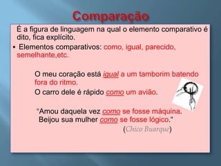 É a figura de linguagem na qual o elemento comparativo é
 dito, fica explícito.
 Elementos comparativos: como, igual, parecido,
 semelhante,etc.

      O meu coração está igual a um tamborim batendo
      fora do ritmo.
      O carro dele é rápido como um avião.

      "Amou daquela vez como se fosse máquina.
       Beijou sua mulher como se fosse lógico.“
                               (Chico Buarque)
 