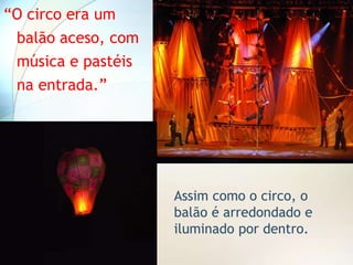 “O circo era um
 balão aceso, com
 música e pastéis
 na entrada.”




                    Assim como o circo, o
                    balão é arredondado e
                    iluminado por dentro.
 