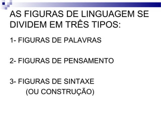 AS FIGURAS DE LINGUAGEM SE
DIVIDEM EM TRÊS TIPOS:
1- FIGURAS DE PALAVRAS

2- FIGURAS DE PENSAMENTO

3- FIGURAS DE SINTAXE
     (OU CONSTRUÇÃO)
 