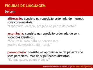 aliteração: consiste na repetição ordenada de mesmos
sons consonantais.
“Esperando, parada, pregada na pedra do porto.”
assonância: consiste na repetição ordenada de sons
vocálicos idênticos.
“Sou um mulato nato no sentido lato
mulato democrático do litoral.”
paronomásia: consiste na aproximação de palavras de
sons parecidos, mas de significados distintos.
“Eu que passo, penso e peço.”
FIGURAS DE LINGUAGEM
De som | De construção | De pensamento | De palavra
www.cursosdeescrita.com.br | Prof. Marcelo Spalding
 