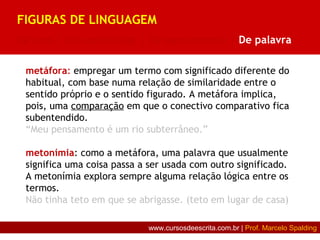 metáfora: empregar um termo com significado diferente do
habitual, com base numa relação de similaridade entre o
sentido próprio e o sentido figurado. A metáfora implica,
pois, uma comparação em que o conectivo comparativo fica
subentendido.
“Meu pensamento é um rio subterrâneo.”
metonímia: como a metáfora, uma palavra que usualmente
significa uma coisa passa a ser usada com outro significado.
A metonímia explora sempre alguma relação lógica entre os
termos.
Não tinha teto em que se abrigasse. (teto em lugar de casa)
FIGURAS DE LINGUAGEM
De som | De construção | De pensamento | De palavra
www.cursosdeescrita.com.br | Prof. Marcelo Spalding
 