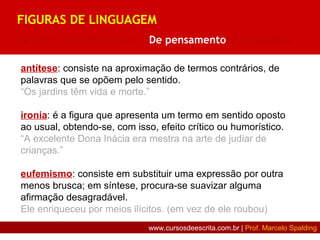 antítese: consiste na aproximação de termos contrários, de
palavras que se opõem pelo sentido.
“Os jardins têm vida e morte.”
ironia: é a figura que apresenta um termo em sentido oposto
ao usual, obtendo-se, com isso, efeito crítico ou humorístico.
“A excelente Dona Inácia era mestra na arte de judiar de
crianças.”
eufemismo: consiste em substituir uma expressão por outra
menos brusca; em síntese, procura-se suavizar alguma
afirmação desagradável.
Ele enriqueceu por meios ilícitos. (em vez de ele roubou)
FIGURAS DE LINGUAGEM
De som | De construção | De pensamento | De palavra
www.cursosdeescrita.com.br | Prof. Marcelo Spalding
 