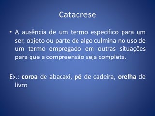 Catacrese 
• A ausência de um termo específico para um 
ser, objeto ou parte de algo culmina no uso de 
um termo empregado em outras situações 
para que a compreensão seja completa. 
Ex.: coroa de abacaxi, pé de cadeira, orelha de 
livro 
 