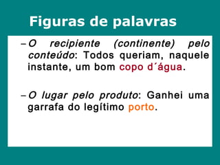 Figuras de palavras 
–O recipiente (continente) pelo 
conteúdo : Todos queriam, naquele 
instante, um bom copo d´água. 
–O lugar pelo produto : Ganhei uma 
garrafa do legítimo porto. 
 