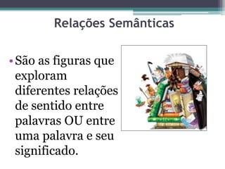 Relações Semânticas
•São as figuras que
exploram
diferentes relações
de sentido entre
palavras OU entre
uma palavra e seu
significado.
 