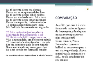 COMPARAÇÃO
Acredito que essa é a mais
famosa de todas as figuras
de linguagem, afinal quem
nunca se comparou com
algo ou alguém??
Nessa música, Paula
Fernandes com uma
belíssima voz se compara a
um mato que deseja chuva,
a madrugada esperando o
Sol... Se ela está longe do
seu amado.
• Eu tô carente desse teu abraço
Desse teu amor que me deixa leve
Eu tô carente desses olhos negros
Desse teu sorriso branco feito neve
Eu tô carente desse olhar que mata
Dessa boca quente, revirando tudo
Tô com saudade dessa cara linda
Me Pedindo fica só mais um segundo
Tô feito mato desejando a chuva
Madrugada fria, esperando o sol
Tô tão carente feito um prisioneiro
Vivo um pesadelo, um beijo sem paixão
Tô com vontade de enfrentar o mundo
Ser pra sempre o guia do seu coração
Sou a metade de um amor que vibra
De uma poesia em forma de canção
Eu sem Você - Paula Fernandes e Mickael Carreira
 
