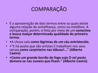 COMPARAÇÃO
• É a aproximação de dois termos entre os quais existe
alguma relação de semelhança, como na metáfora. A
comparação, porém, é feita por meio de um conectivo
e busca realçar determinada qualidade do primeiro
termo.
• •A chuva caía como lágrimas de um céu entristecido.
• •"E há poeta que são artistas E trabalham nos seus
versos como carpinteiro nas tábuas!..." (Alberto
Caeiro)
• •Como um grande borrão de fogo sujo O sol posto
demora-se nas nuvens que ficam." (Alberto Caeiro)
 